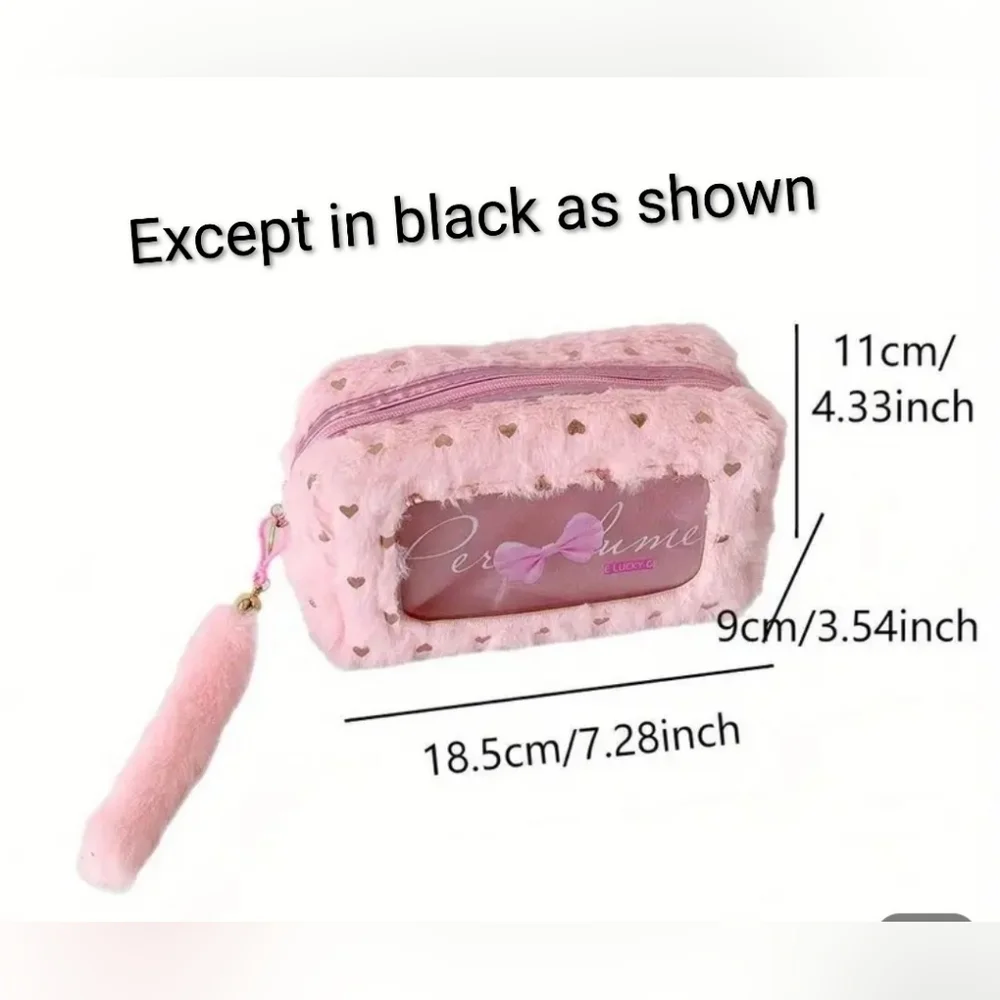 Black Furry Rose Gold Hearts-Patterned Brush Bag